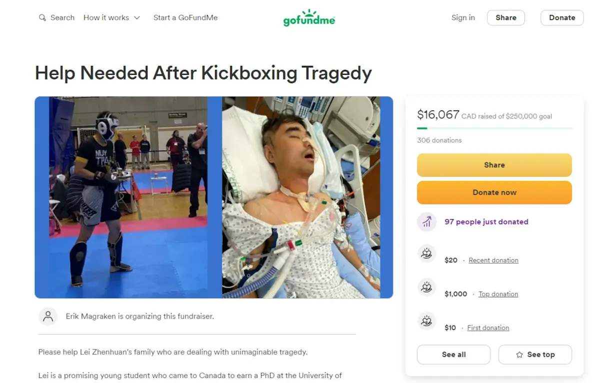 ▲一位中國留學生在加拿大攻讀博士學位，不料在當地參加格鬥賽事時，被對手打成植物人，至今昏迷不醒。學生母親怒告主辦方存在疏失。（圖／翻攝自GoFundMe網站）