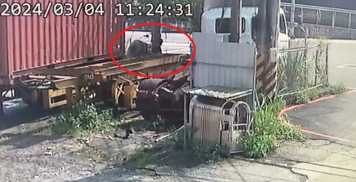 ▲阮男在公司除草時，意外遭脫落的輪胎擊中身亡。（圖／翻攝畫面）