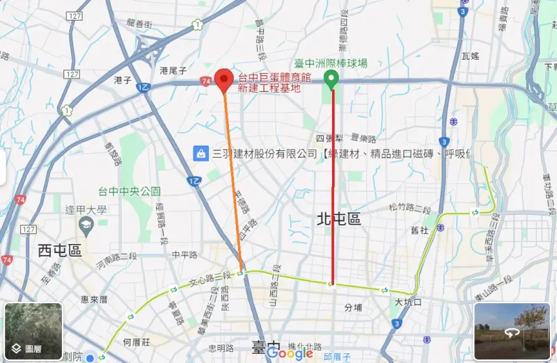 ▲台中巨蛋離中清交流道很近，但最近的捷運站有2.8公里（橘色線）、洲際棒球場距捷運站則有3公里（紅色線）。（圖／翻攝台中市政府網站，2024.03.05）