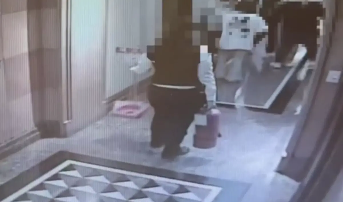 ▲知名藝人修杰楷、王柏傑在錢櫃與統促黨人員爆發肢體衝突，一位女服務生路過淡定拿走滅火器、立牌，避免成為武器互相攻擊。（圖／翻攝畫面）