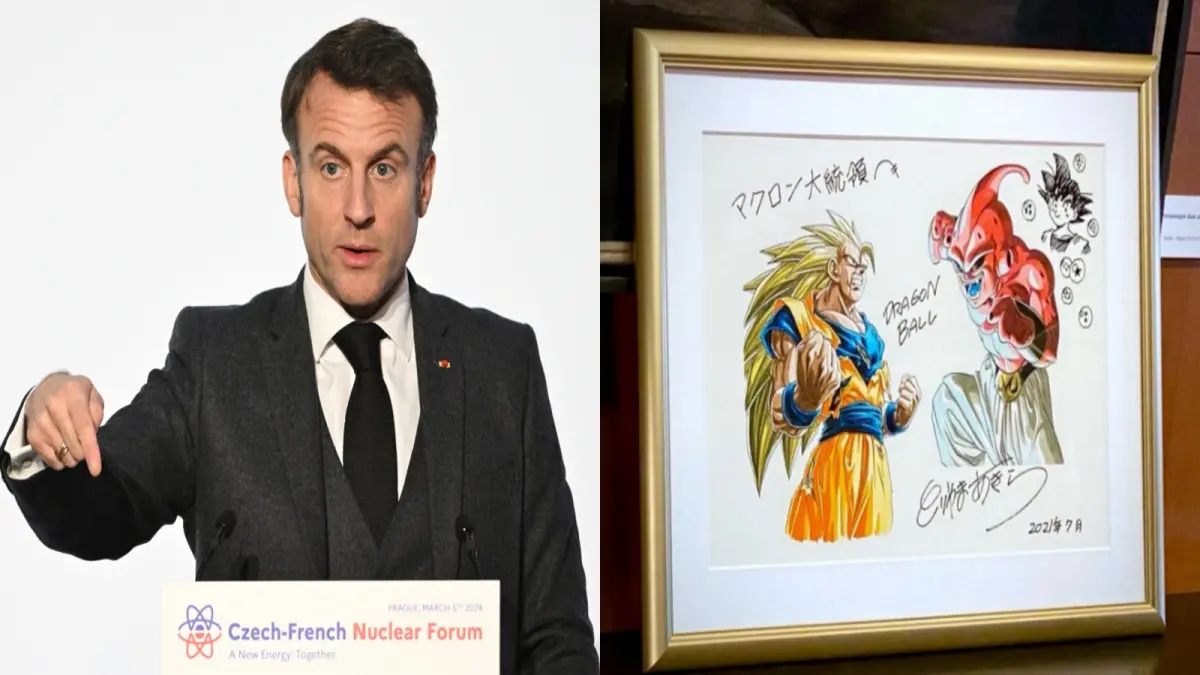 ▲日本漫畫家鳥山明過世，法國總統馬克宏（左）秀出《七龍珠》簽名畫（右）哀悼。（圖／美聯社資料照、馬克宏推特合成）