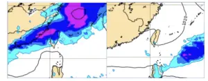 ▲最新(8日20時)歐洲(ECMWF)模式，下週一(11日)20時地面氣壓及降水模擬圖顯示，中部以北有明顯降雨(左圖)。下週二(12日)20時地面氣壓及降水模擬圖顯示，鋒面已遠離、各地雨已停(右圖)。（圖／翻攝三立準氣象.老大洩天機）