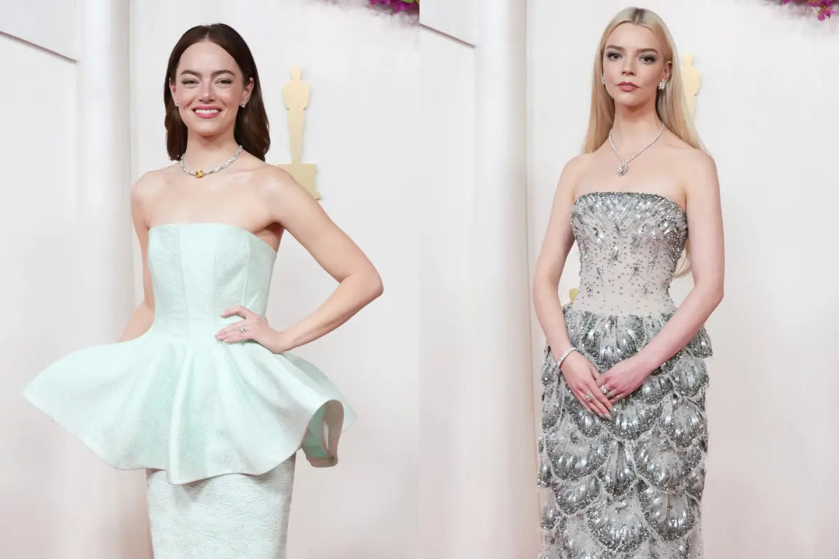 ▲艾瑪史東（左）選穿淡雅蘋果綠禮服、精靈系女神安雅泰勒喬化身美人魚。（圖／美聯社／達志影像）