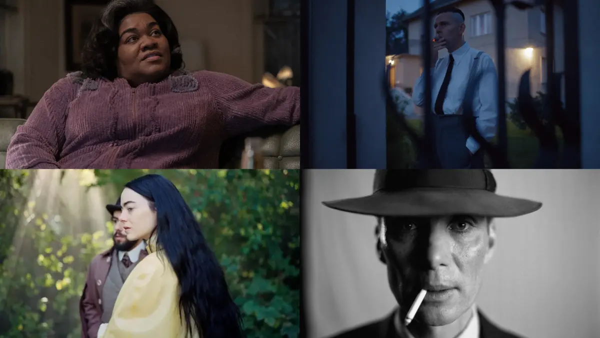 ▲奧斯卡得獎片《滯留生》（左上）、《夢想集中營》（右上）、《可憐的東西》（左下）、《奧本海默》4部大熱片資訊懶人包。（圖／UIP、車庫娛樂、探照燈影業提供）