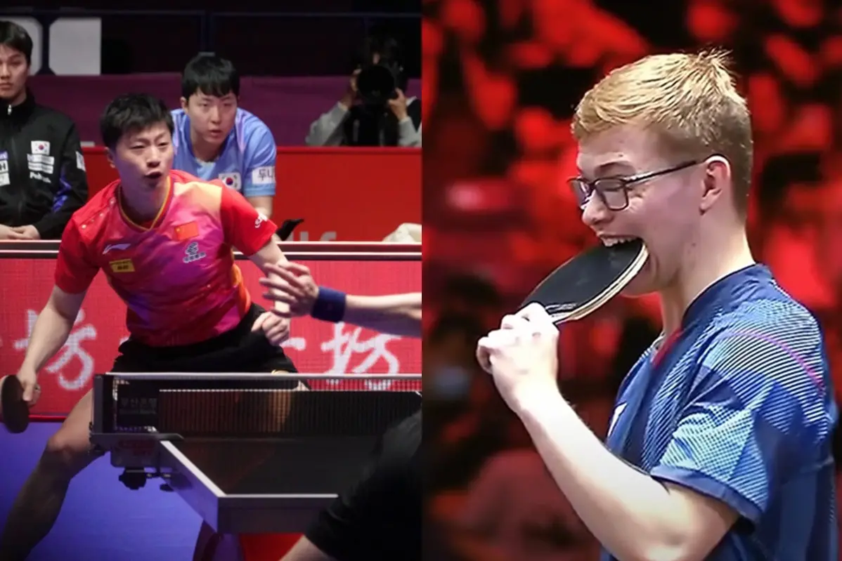 ▲法國選手A.勒布倫因不滿自己的表現，居然「氣到咬球拍」，他該場比賽以7:11、11:9、10:12、4:11不敵中國奧運冠軍馬龍，無緣晉級。（圖／翻攝自YouTube）