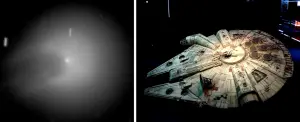 ▲龐士-布魯克斯彗星（左）和星際大戰中的「千年鷹號」（右）樣貌類似，因此在國際間相當有名。（圖／台北市立天文館提供）