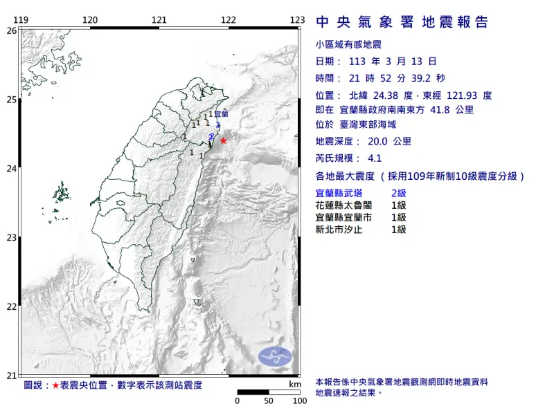 ▲晚上9時52分台灣東部海域發生芮氏規模4.1的小區域地震，震央在宜蘭縣政府南南東方41.8公里處。（圖／中央氣象署）