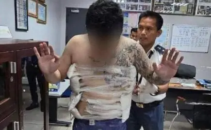 ▲一名台灣男子身上綁5公斤毒品，意圖從柬埔寨飛往日本。（圖／翻攝自柬中時報）