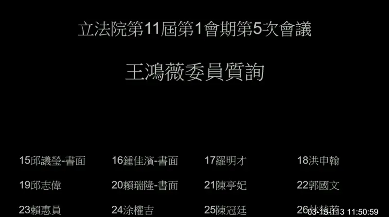 ▲ 王鴻薇質詢時，陳亭妃還沒變更質詢順序。（翻攝立院ivod系統）