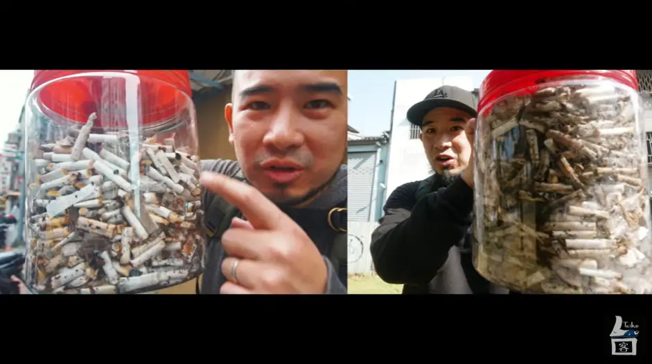 ▲YouTube頻道「台客劇場」導演林冠廷近期再度到台北天津街撿菸蒂，撿了滿滿1大罐（右），狀況比7年前（左）還嚴重，喊話新台北市長蔣萬安要加油。（圖／翻攝台客劇場YouTube）