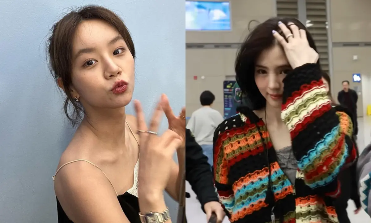 ▲韓韶禧（右）跟柳俊烈交往，撥頭髮意外秀出戒指的動作，被誤會是在跟惠利宣示主權。（圖／惠利IG、뉴스엔·Newsen YouTube）