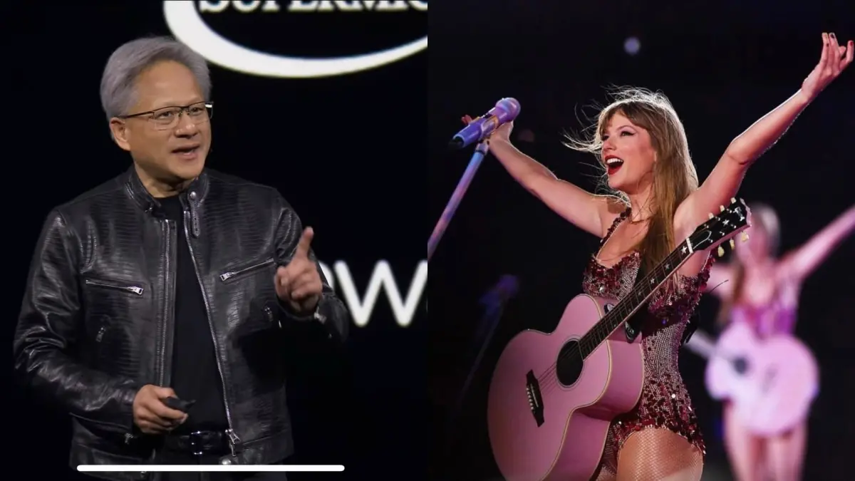 ▲國內外媒體、名嘴、主持人、分析師常將黃仁勳與泰勒絲相提並論，稱兩人在各自領域的成就皆無人能及。（圖／擷取自輝達YT、泰勒絲IG）