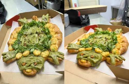 ▲必勝客新口味「芝心雙粿草仔龜」披薩最新成品照，被網友笑稱根本是「忍者龜」。（圖/爆廢公社）