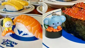 ▲CHIMMY坐在鮭魚握壽司，KOYA還把鮭魚卵軍艦當成球池玩，太可愛。（圖／藏壽司提供）