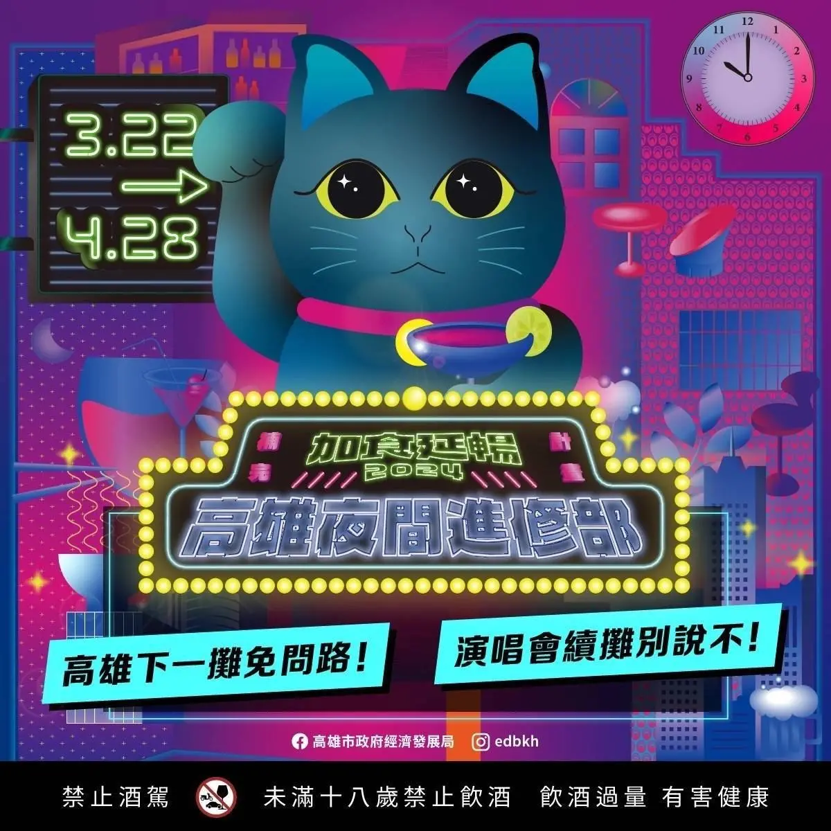 ▲為延續「加食延暢」演唱會響應專案，高雄市政府配合推出夜晚專屬「高雄夜間進修部」活動，串連30家高雄精選餐酒館，。消費還能參與千項好禮抽獎。（圖／高市府提供）