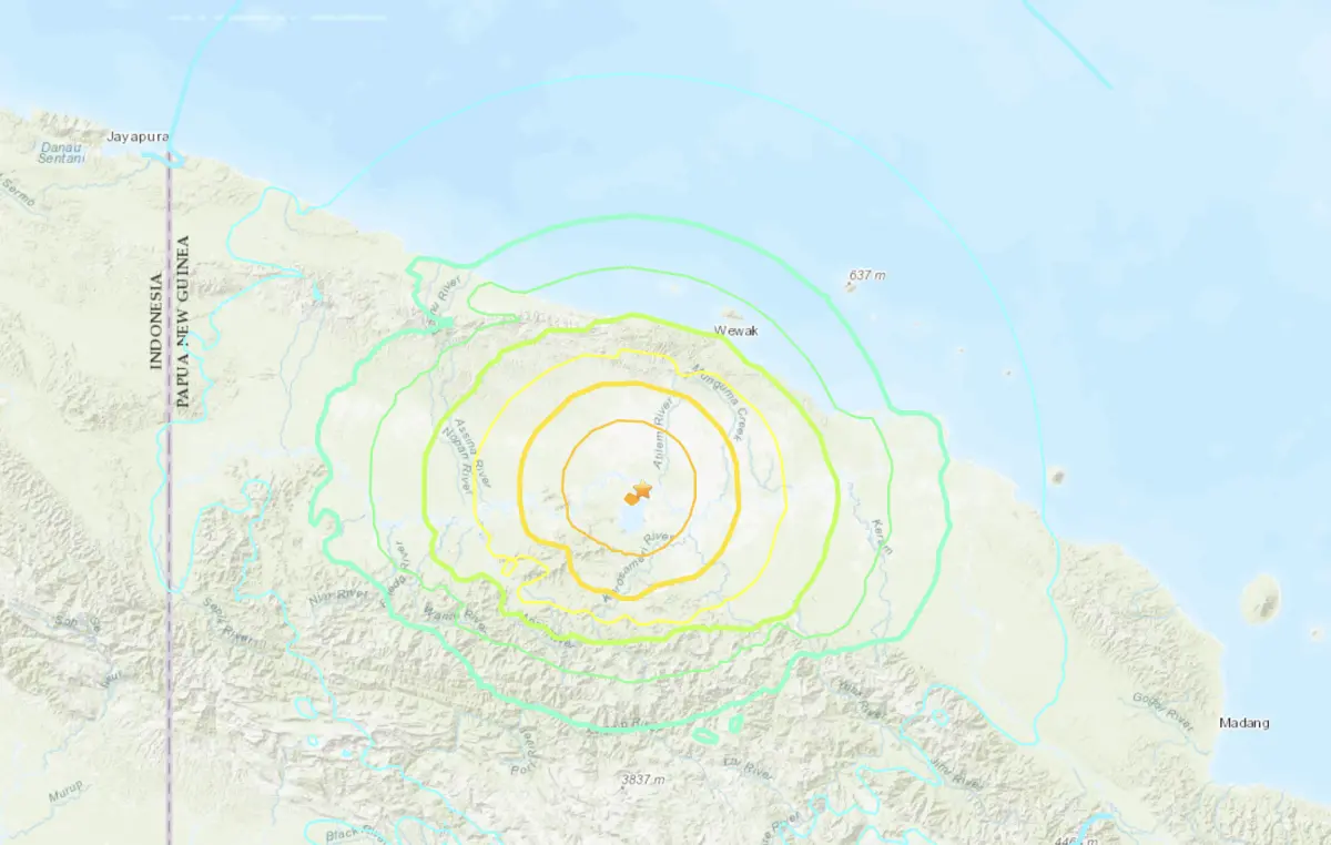 ▲巴布亞紐幾內亞今天發生規模6.9地震。（圖／翻攝自USGS）