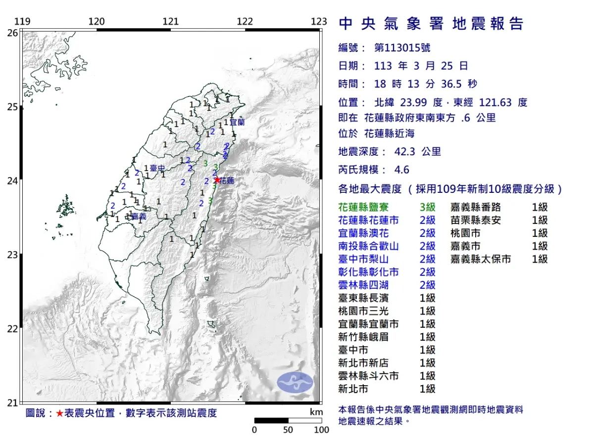 ▲中央氣象署今（25）日晚間發布最新地震報告。（圖／中央氣象署）