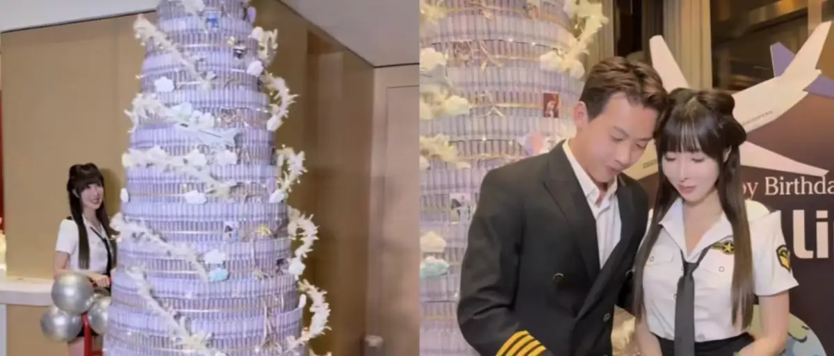 ▲一名大馬網紅委託親友製作用30萬令吉（約新台幣203萬元）現金的「真鈔蛋糕」，並送給老公。（圖／翻攝自Instagram）