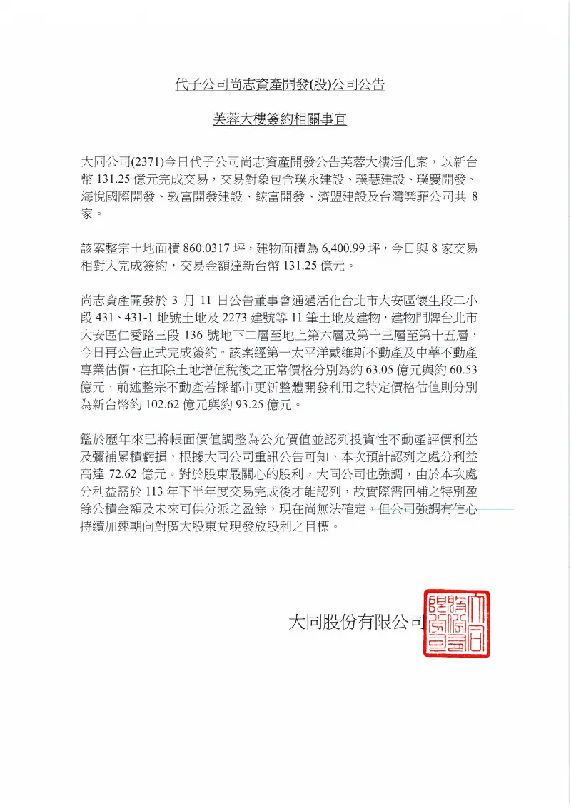 ▲大同公司表示,芙蓉大樓以新台幣131.25億元完成交易,交易對象共8家。(圖/翻設自大同公司臉書粉絲團)