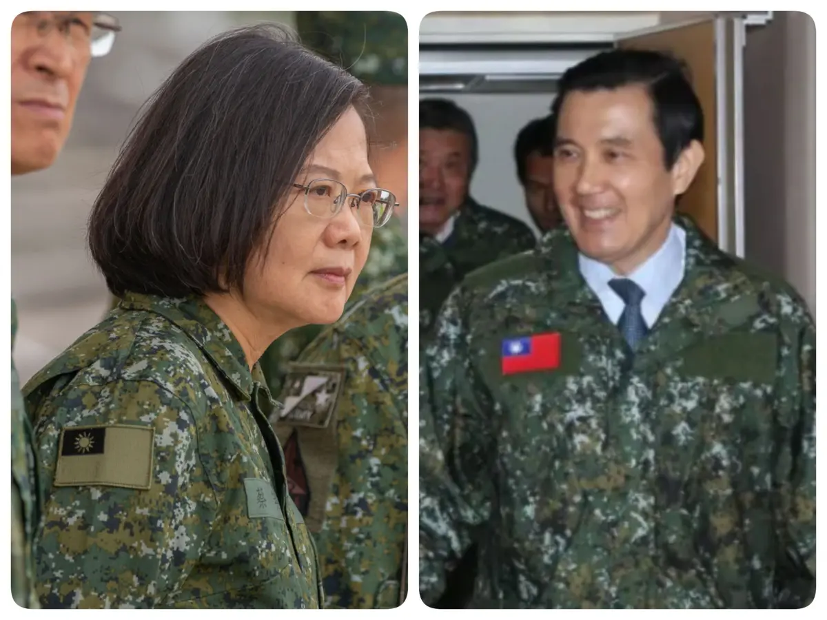 ▲蔡英文的迷彩服，國旗就是低視度，但馬英九的迷彩服，國旗仍為青天白日滿地紅。（圖／合成照片）