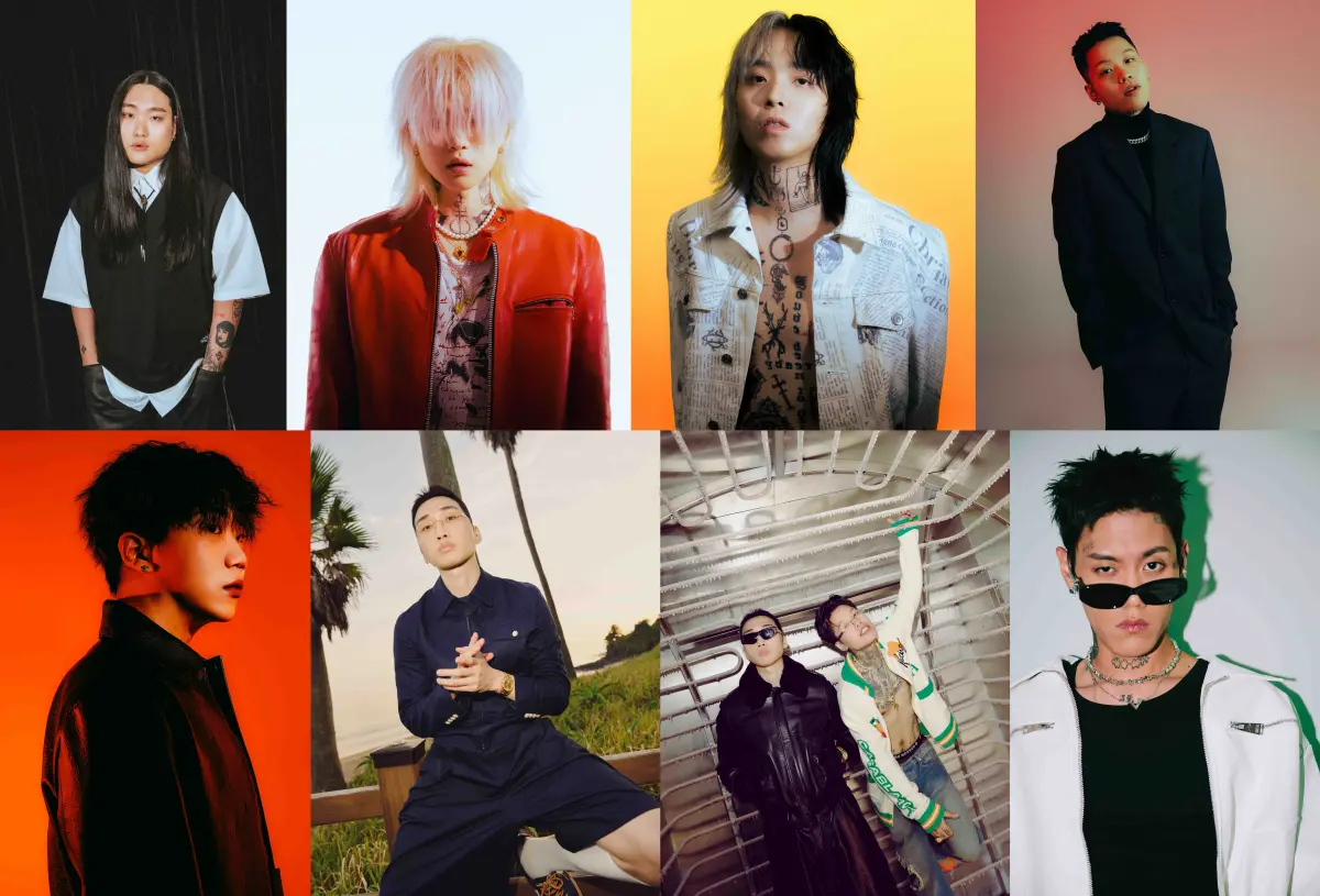 ▲南韓知名饒舌歌手Paul Blanco（上排左起）、ASH ISLAND、HASH SWAN、DON MALIK、CHANGMO（下排左）、KEEM HYO EUN（下排左2）、ZENE THE ZILLA（下排右1）等人將來台舉辦「BITION BOYZ」嘻哈演唱會。（圖／AMBITION MUSIK）