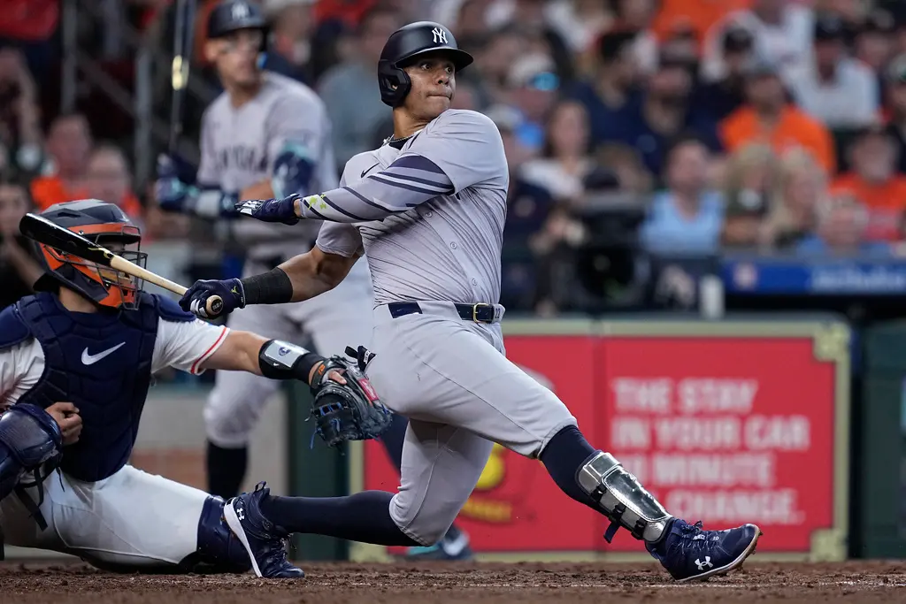 ▲大聯盟強打Juan Soto本季轉戰紐約洋基，對太空人之戰敲出本季首轟。（圖／美聯社／達志影像）