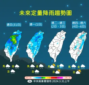 ▲今日受到鋒面靠近影響，全台都有降雨機率，天氣不穩定，明日鋒面逐漸通過、水氣減少，入夜雨勢才趨緩。（圖／中央氣象署提供）