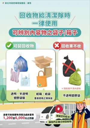 ▲新北市環保局公告如以塑膠袋盛裝回收物，其外觀須為可辨明內容物之透明或半透明材質。（圖／新北市環保局提供）