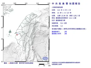 ▲嘉義縣義竹鄉下午3時01分，芮氏規模3.2地震。（圖／中央氣象署提供）