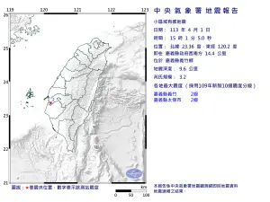 嘉義縣義竹鄉下午3時01分,芮氏規模3.2地震。(圖/中央氣象署提供) ▲嘉義縣義竹鄉下午3時01分,芮氏規模3.2地震。(圖/中央氣象署提供)