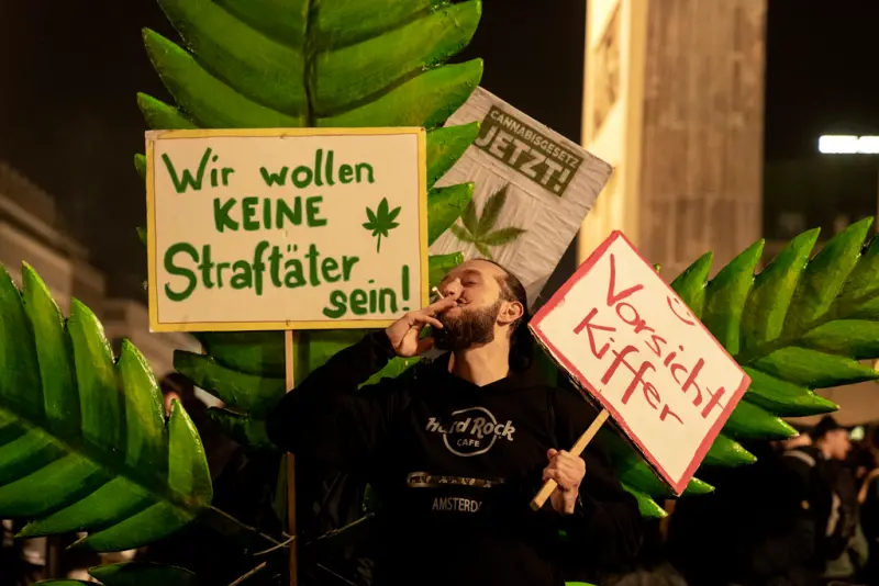 ▲德國今（1）日大麻合法化的新法正式上路，年滿18歲的國民能夠合法持有與使用大麻，且可在家中最多栽種3株大麻。圖為支持民眾在柏林布蘭登堡門慶祝。（圖／美聯社／達志影像）