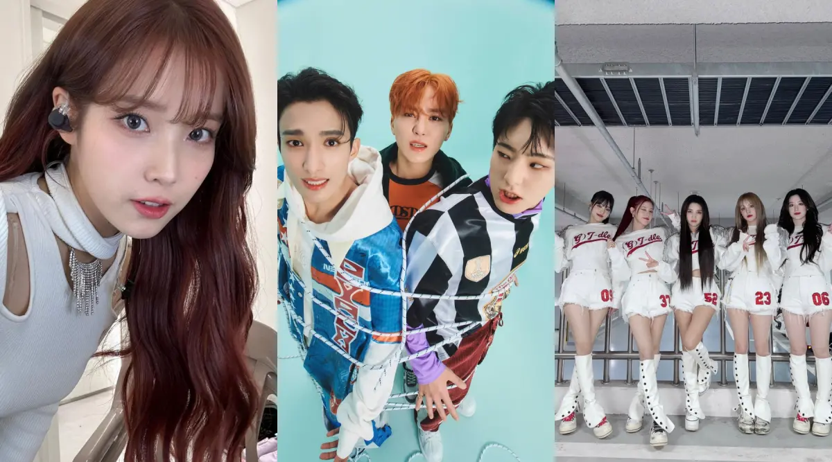 ▲IU（左起）、SEVENTEEN子團BSS（夫碩順）、(G)I-DLE本月接力來台會粉絲。（圖／IU IG、SEVENTEEN臉書、(G)I-DLE X）
