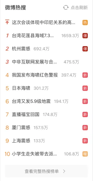 ▲地震發生後,「台灣花蓮縣7.3級地震」登上微博熱搜排行。(圖/翻攝自微博) ▲地震發生後,「台灣花蓮縣7.3級地震」登上微博熱搜排行。(圖/翻攝自微博)