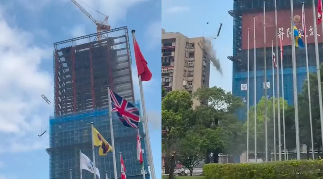 ▲台北市信義區基隆路一段364巷口一處新建工地，因受到強震影響，鷹架斷裂從高處墜落，砸中對面民宅外牆。（圖／翻攝畫面）