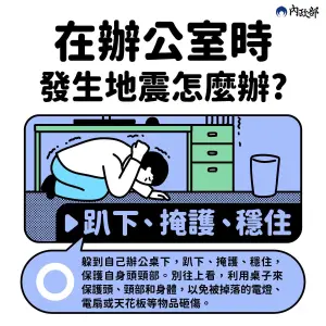 ▲內政部消防署提醒，災害發生時，請記得保命3步驟，「趴下、掩護、穩住」。（圖／內政部消防署提供）