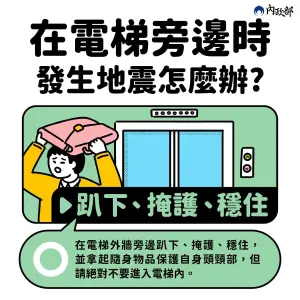 ▲內政部消防署提醒，災害發生時，請記得保命3步驟，「趴下、掩護、穩住」。（圖／內政部消防署提供）