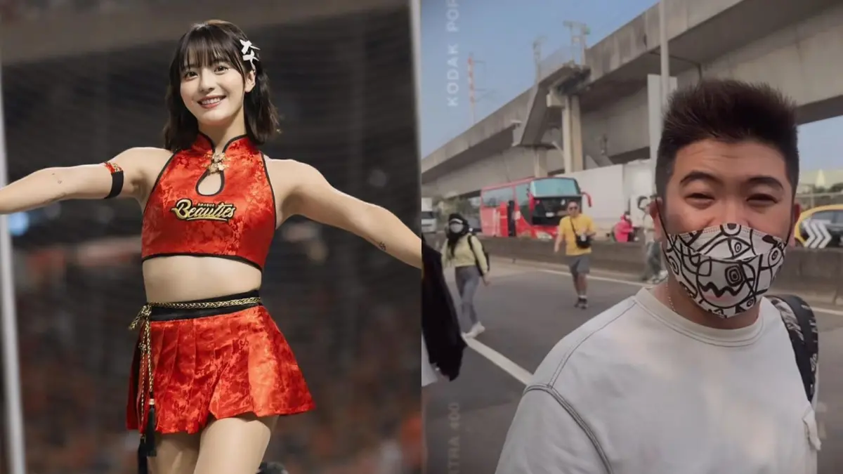 ▲啦啦隊小龍女成員口水（左）參與《綜藝大集合》錄影包車南下，竟受到7.2強震影響，導致遊覽車故障冒煙，包含馬國畢（右）等所有藝人被迫下車，過馬路等待救援。（圖／口水IG）