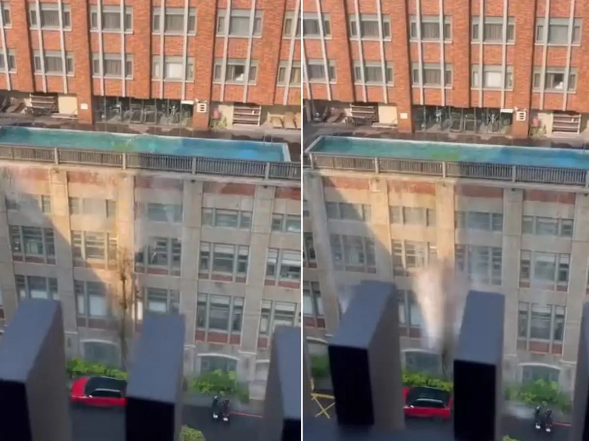 ▲Google評價標示為5星級的桃園中壢古華花園飯店，頂樓泳池水在地震時被震出，從大樓牆面傾瀉而下，猶如瀑布。（圖／翻攝爆廢1公社臉書）