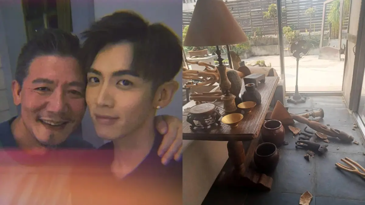 ▲柯震東（左圖右）家成地震受災戶，爸爸柯耀宗價值8千萬珍藏品全毀。（圖／柯震東Instagram、柯耀宗FB）