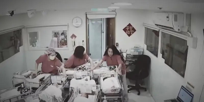 ▲強震發生後，多名護理師不顧自身安危，用肉身互助嬰兒車。（圖／翻攝畫面）