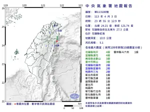 ▲23:55花蓮發生芮氏規模5.1有感地震。（圖／中央氣象署）