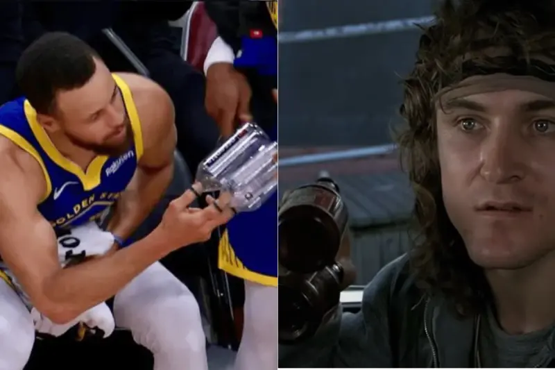 ▲金州勇士球星Stephen Curry將手指套滿寶特瓶致敬電影《殺神輓歌》（The Warriors）中的一幕，以此回嗆不知天高地厚的火箭年輕球員們。（圖／翻攝自YouTube）