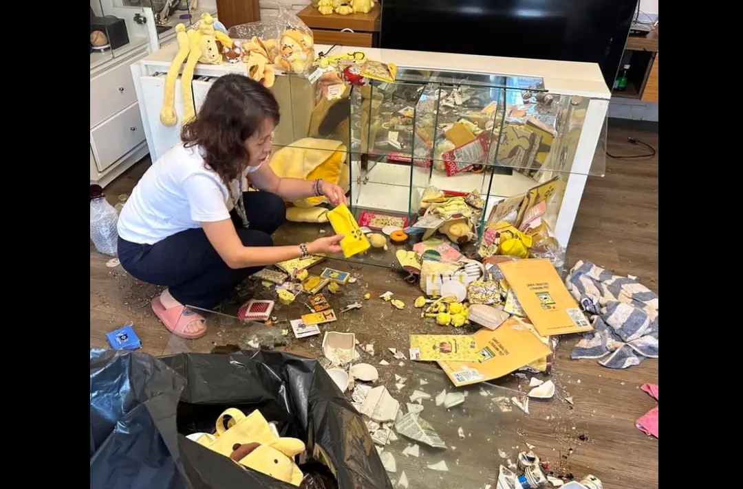 ▲議員張美慧分享，家中「布丁狗」跌滿地畫面暗諷傅崐萁。（圖／張美慧臉書）