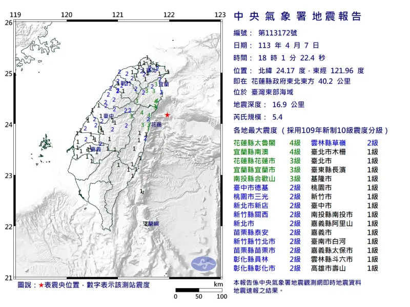 ▲國家警報響了！18:01發生規模5.4地震。（圖／中央氣象署）