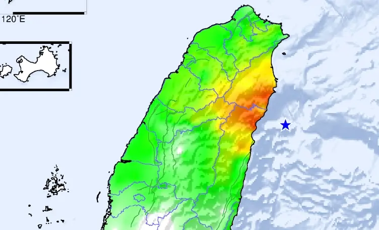 ▲今天晚間6時01分，台灣東部海域又發生芮氏規模5.4地震。（圖／中央氣象署提供）