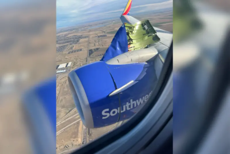 ▲美國西南航空（Southwest Airlines）1架波音737客機，當地時間7日從科羅拉多州丹佛國際機場起飛後不久，發生引擎遮罩脫落事故。（圖／翻攝自abc news）