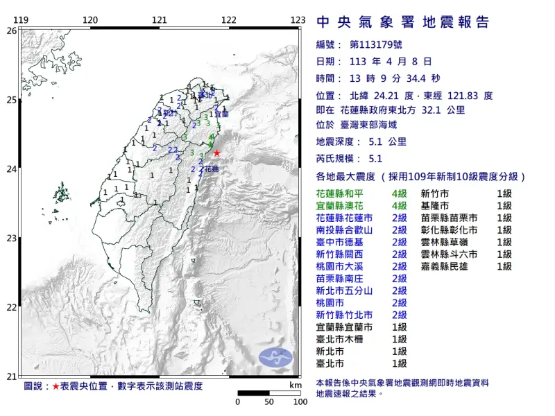 ▲今（8）日下午1時09分，台灣東部海域發生芮氏規模5.1地震。（圖／中央氣象署提供）