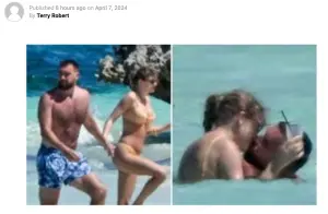 ▲有美國媒體爆料表示泰勒絲已經接受男友的口頭求婚，並且被拍到2人在巴哈馬群島激情擁吻。（圖／翻攝自usalery網站）