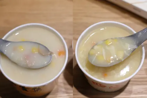 仔細慢慢撈取,兩家用料其實接近,都有玉米粒、火腿與蛋花,味道也很相像,有著奶油與奶香,滋味香甜。(圖/記者葉盛耀攝) ▲仔細慢慢撈取,八方雲及與四海遊龍兩家用料其實接近,都有玉米粒、火腿與蛋花,味道也很相像,有著奶油與奶香,滋味香甜。(圖/記者葉盛耀攝)