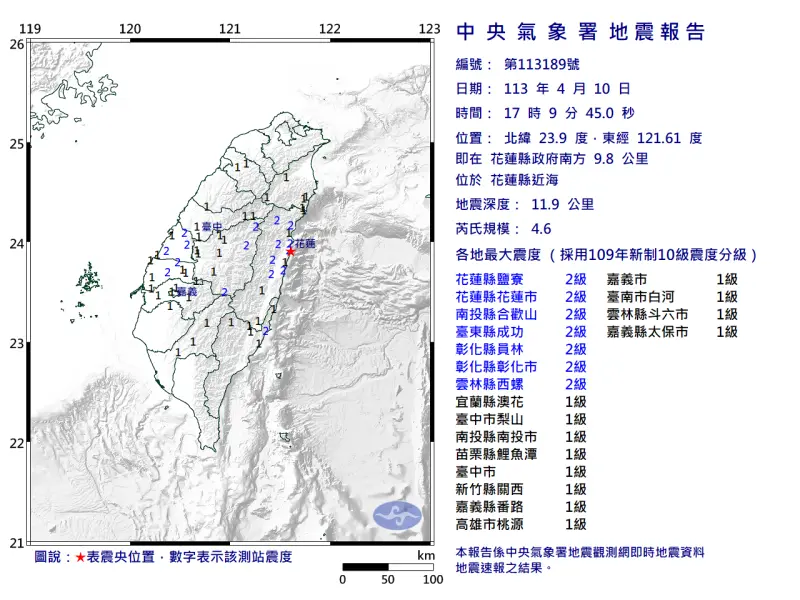 ▲據中央氣象署地震測報中心資料，今（１０）日下午5時09分台灣東部海域發生芮氏規模4.6地震。（圖／中央氣象署）